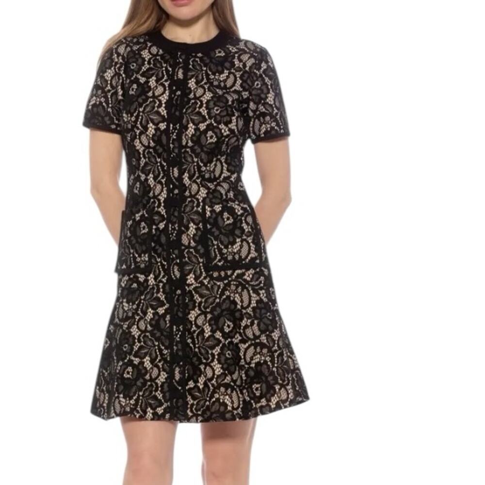 Alexia Admor Brecken Lace Dress Black Nude Button Front size 6